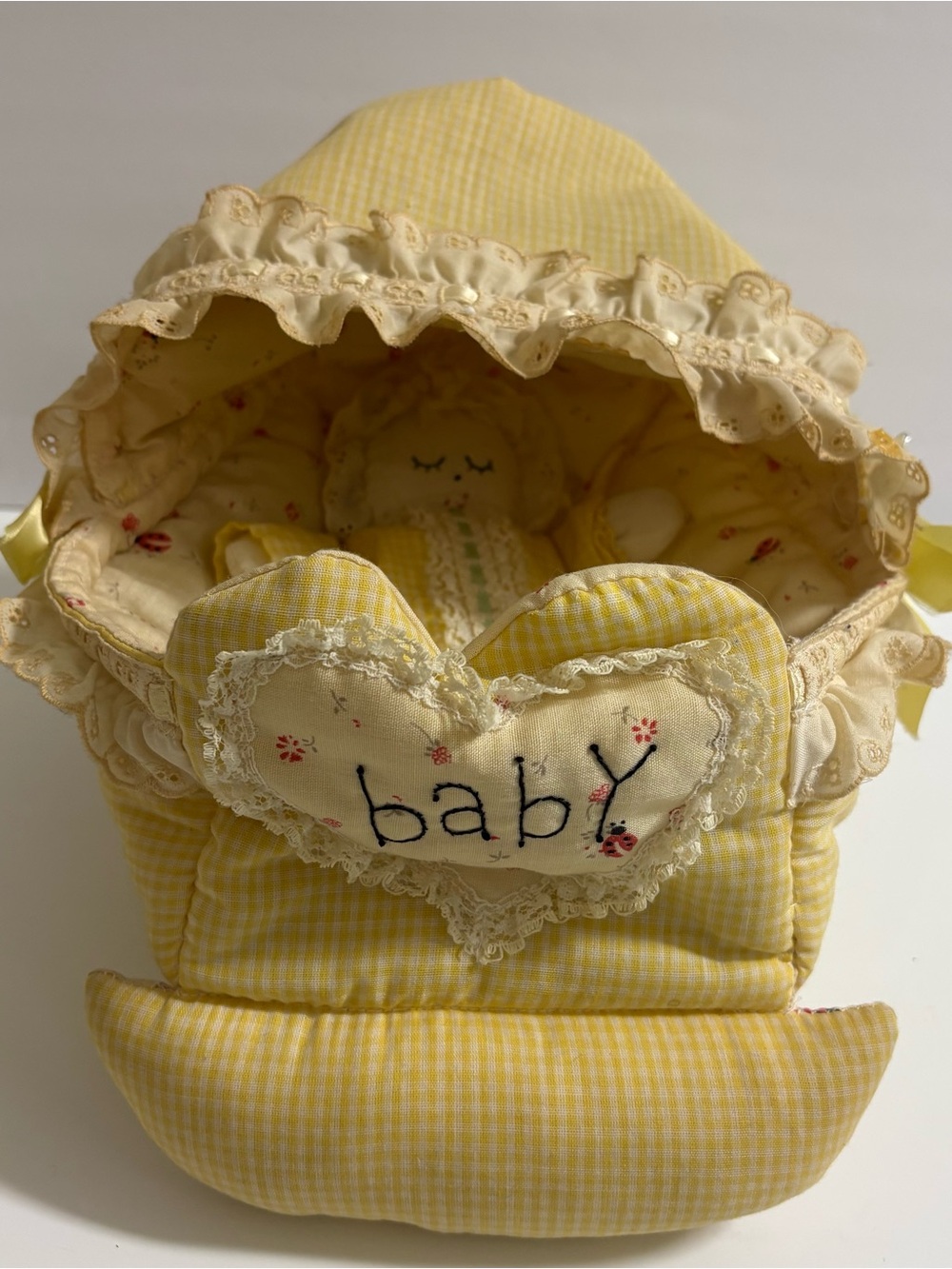 Vintage Handmade Baby Doll Bed Bassinet & Doll Cuddle Plush Yellow Lace Gingham - Picture 2 of 13